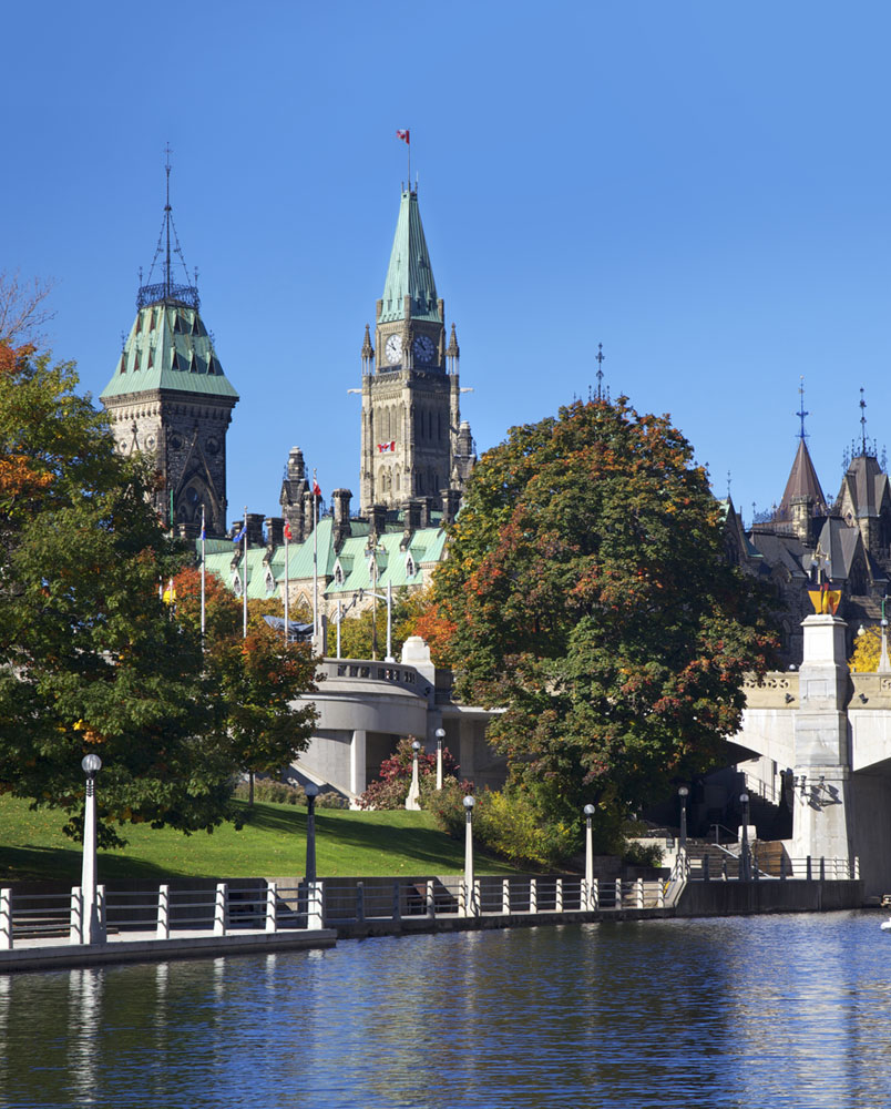 View of Rideau Canal and Parliament Building in Ottawa, Ontario